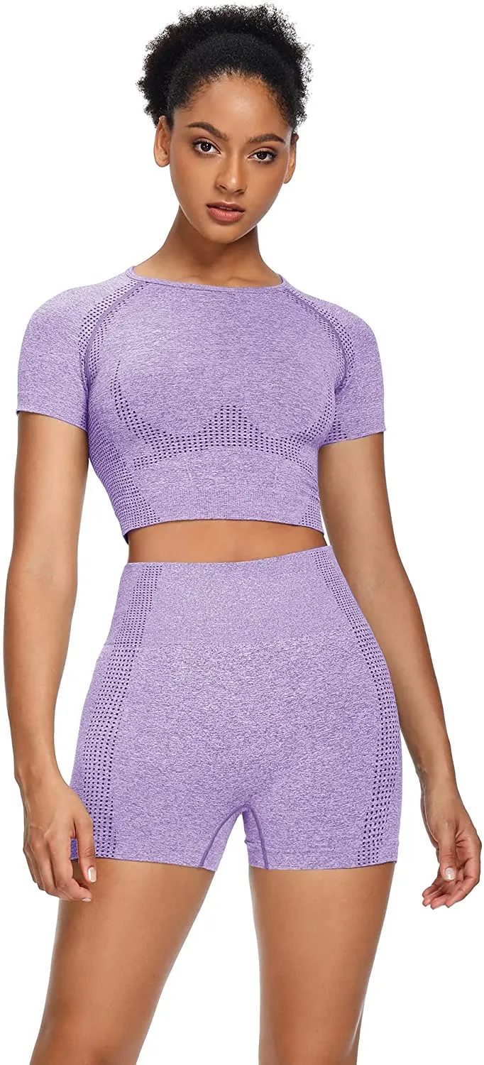 Sytiz Women Seamless Yoga Outfits 2 Piece Set Workout Gym Shorts   Short Sleeve Crop Top