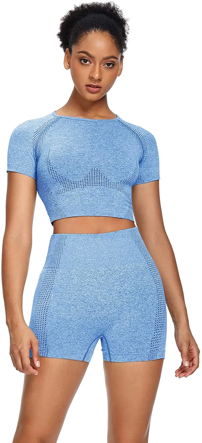 Sytiz Women Seamless Yoga Outfits 2 Piece Set Workout Gym Shorts   Short Sleeve Crop Top