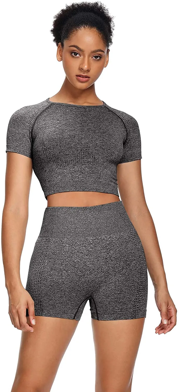 Sytiz Women Seamless Yoga Outfits 2 Piece Set Workout Gym Shorts   Short Sleeve Crop Top