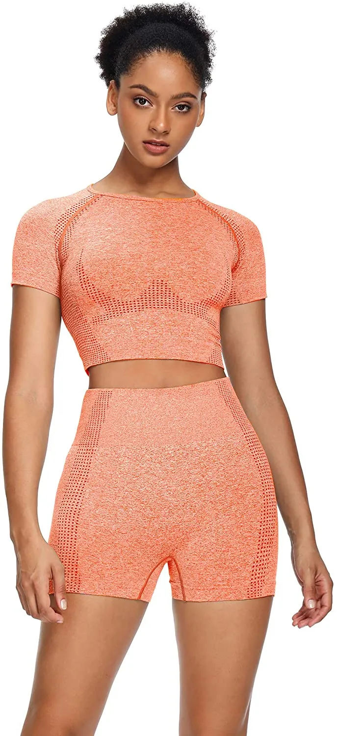 Sytiz Women Seamless Yoga Outfits 2 Piece Set Workout Gym Shorts   Short Sleeve Crop Top