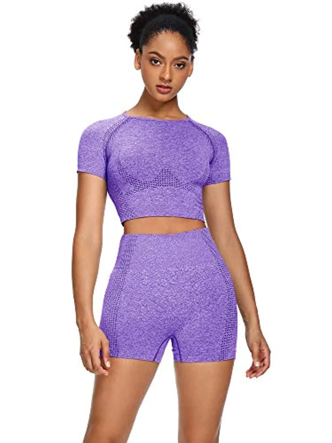 Sytiz Women Seamless Yoga Outfits 2 Piece Set Workout Gym Shorts   Short Sleeve Crop Top