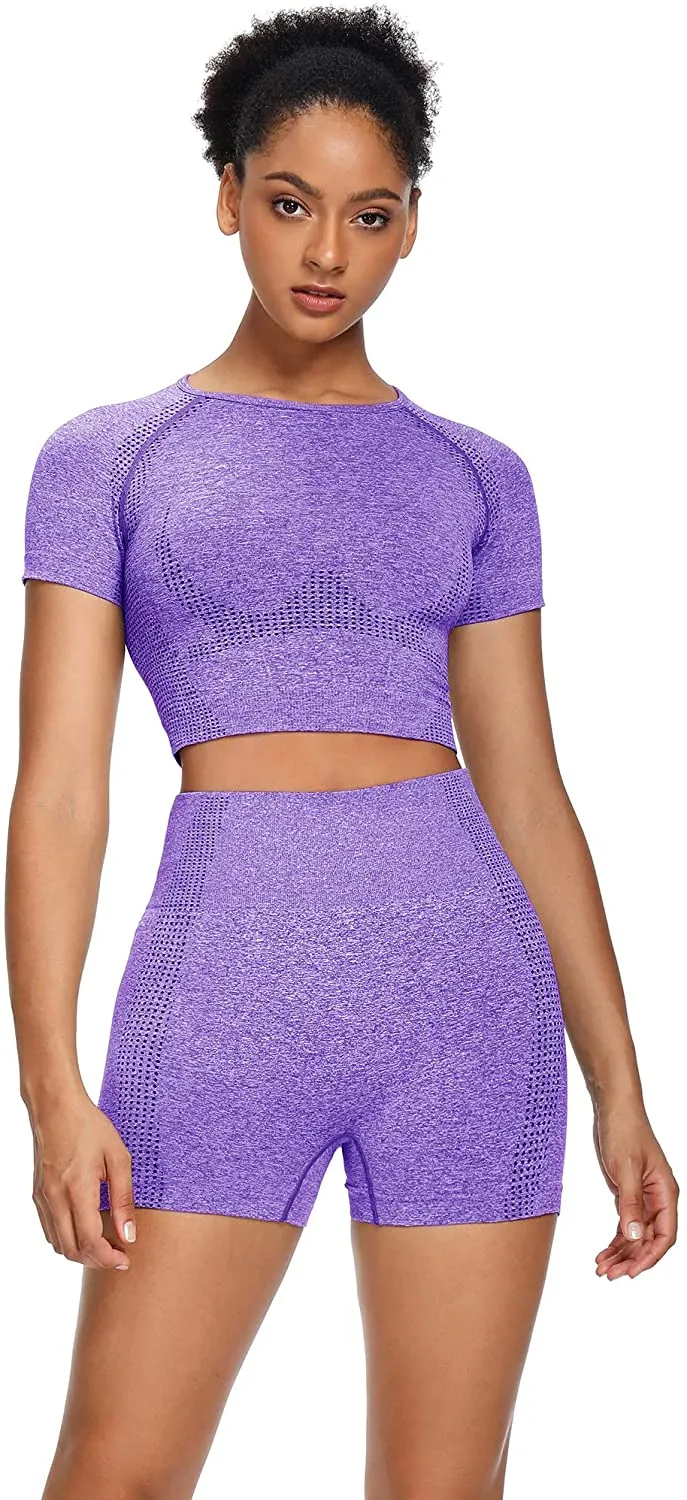Sytiz Women Seamless Yoga Outfits 2 Piece Set Workout Gym Shorts   Short Sleeve Crop Top
