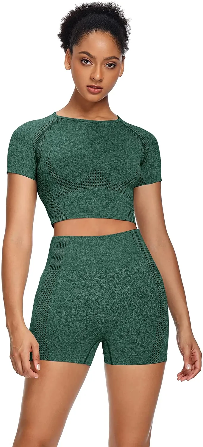 Sytiz Women Seamless Yoga Outfits 2 Piece Set Workout Gym Shorts   Short Sleeve Crop Top