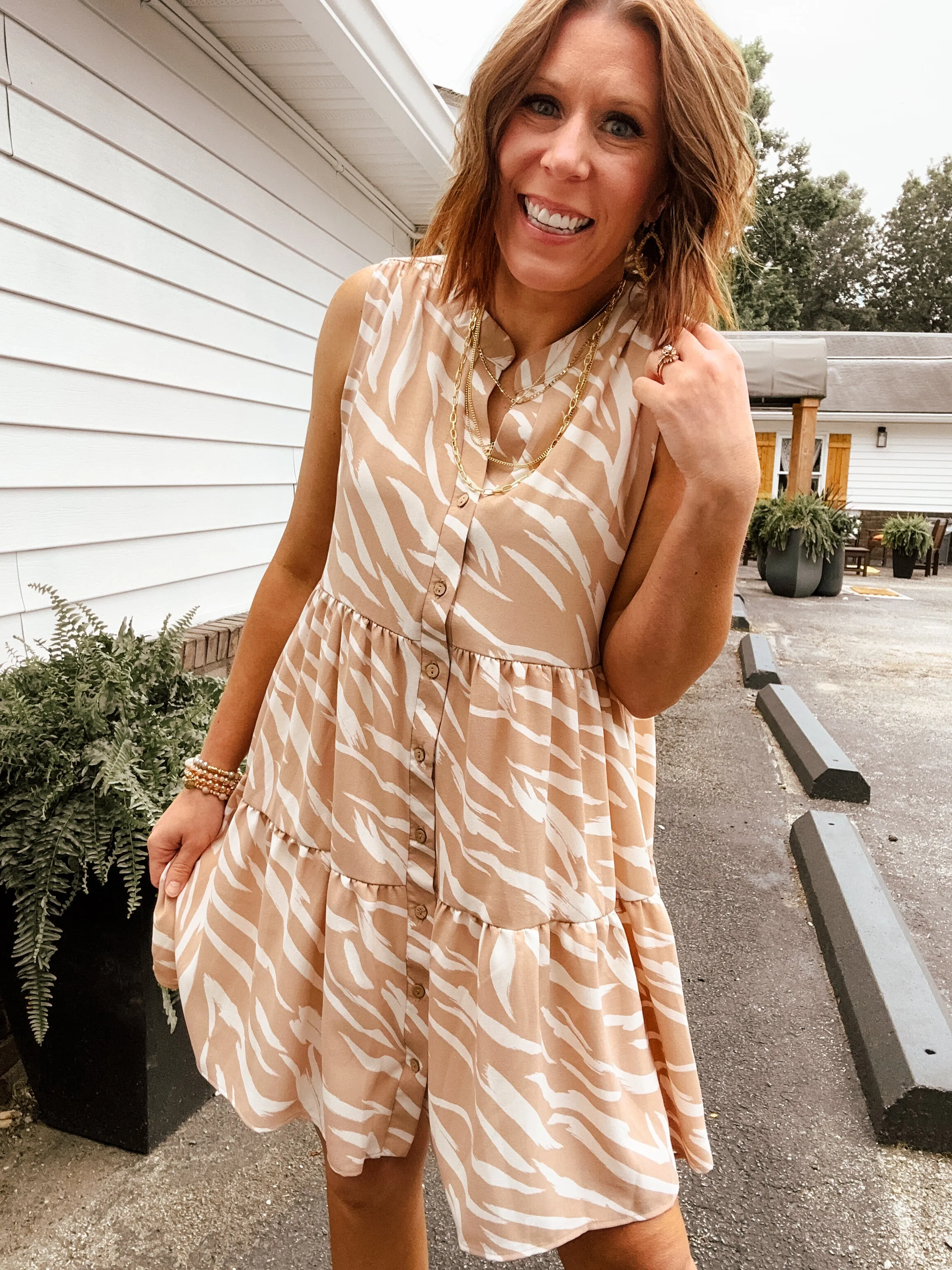 Taupe   Ivory Button Down Tiered Abstract Print Dress