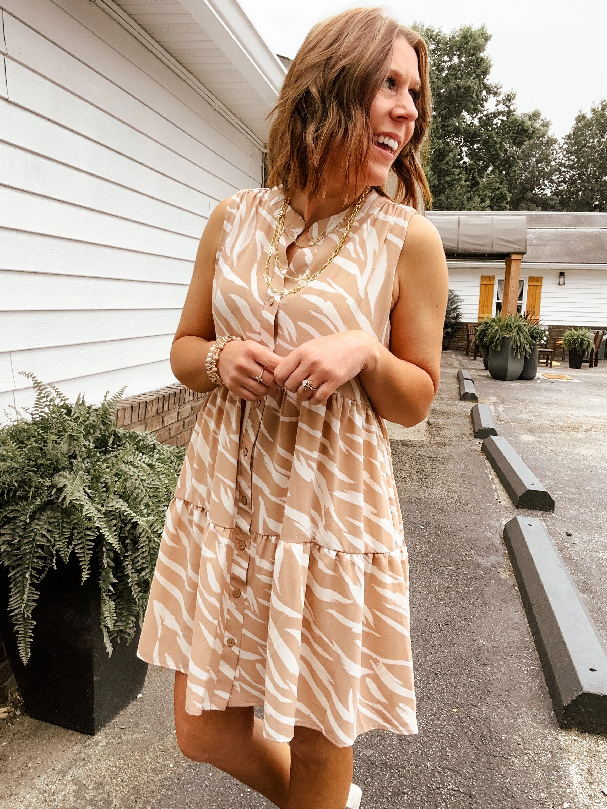 Taupe   Ivory Button Down Tiered Abstract Print Dress