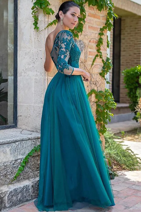 Teal Green Tulle One Shoulder Floor Length Prom Dresses, Evening Gown, SP863