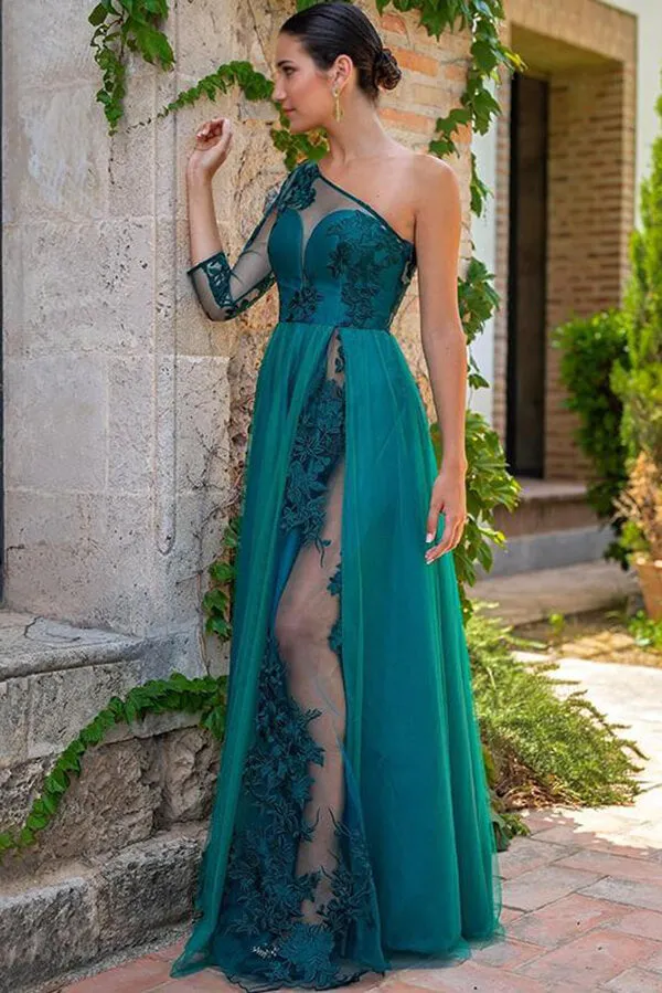 Teal Green Tulle One Shoulder Floor Length Prom Dresses, Evening Gown, SP863