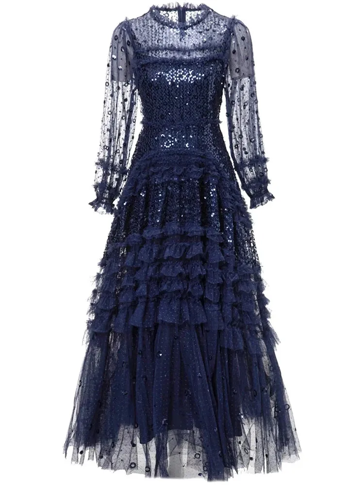Tehila Mesh Maxi Dress Women O-Neck Lantern Sleeve Sequins Ruffle Vintage Party Ball Gown Dress