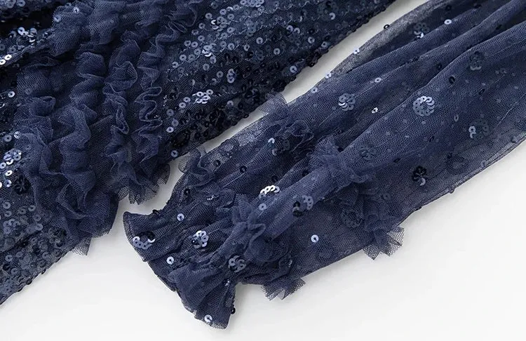 Tehila Mesh Maxi Dress Women O-Neck Lantern Sleeve Sequins Ruffle Vintage Party Ball Gown Dress