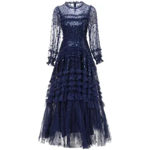 Tehila Mesh Maxi Dress Women O-Neck Lantern Sleeve Sequins Ruffle Vintage Party Ball Gown Dress