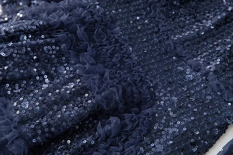 Tehila Mesh Maxi Dress Women O-Neck Lantern Sleeve Sequins Ruffle Vintage Party Ball Gown Dress