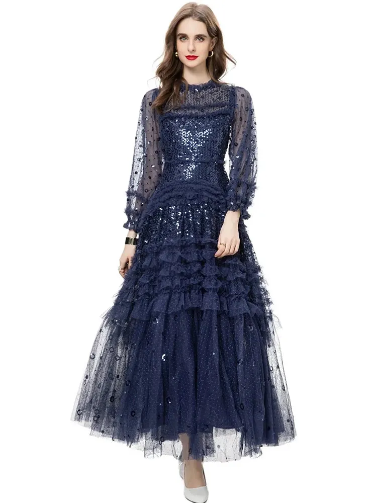 Tehila Mesh Maxi Dress Women O-Neck Lantern Sleeve Sequins Ruffle Vintage Party Ball Gown Dress