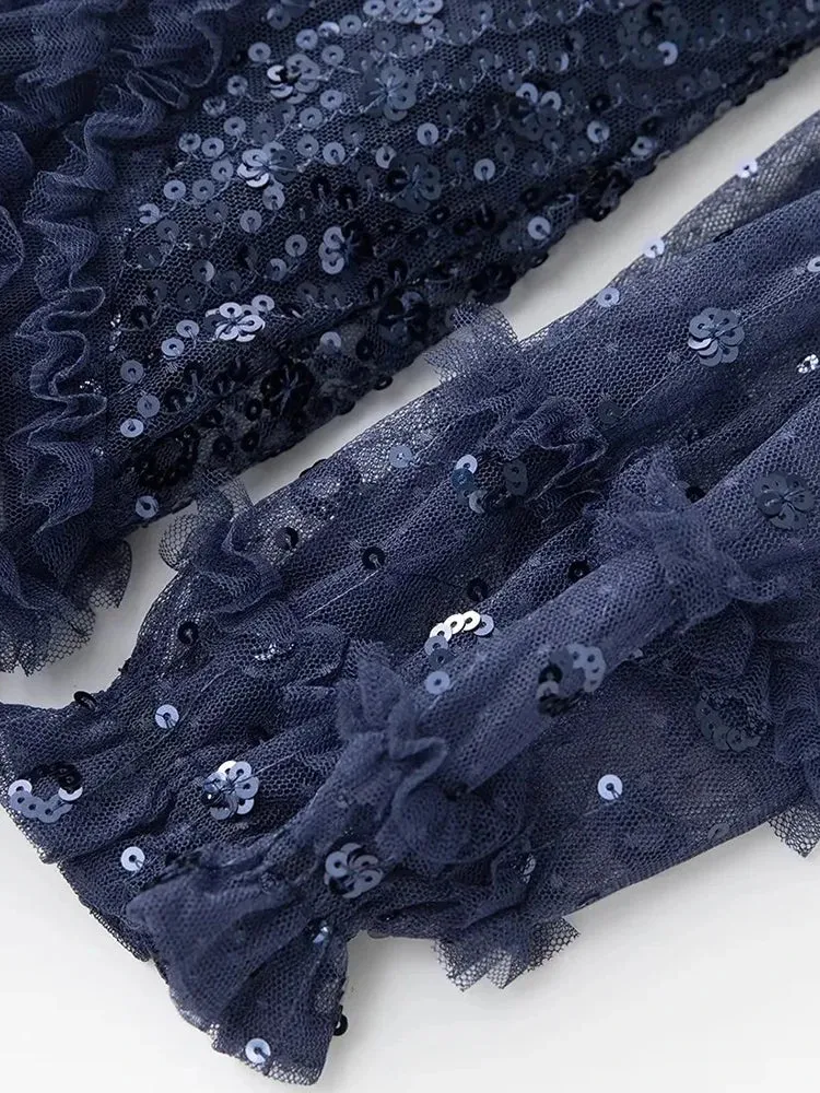 Tehila Mesh Maxi Dress Women O-Neck Lantern Sleeve Sequins Ruffle Vintage Party Ball Gown Dress