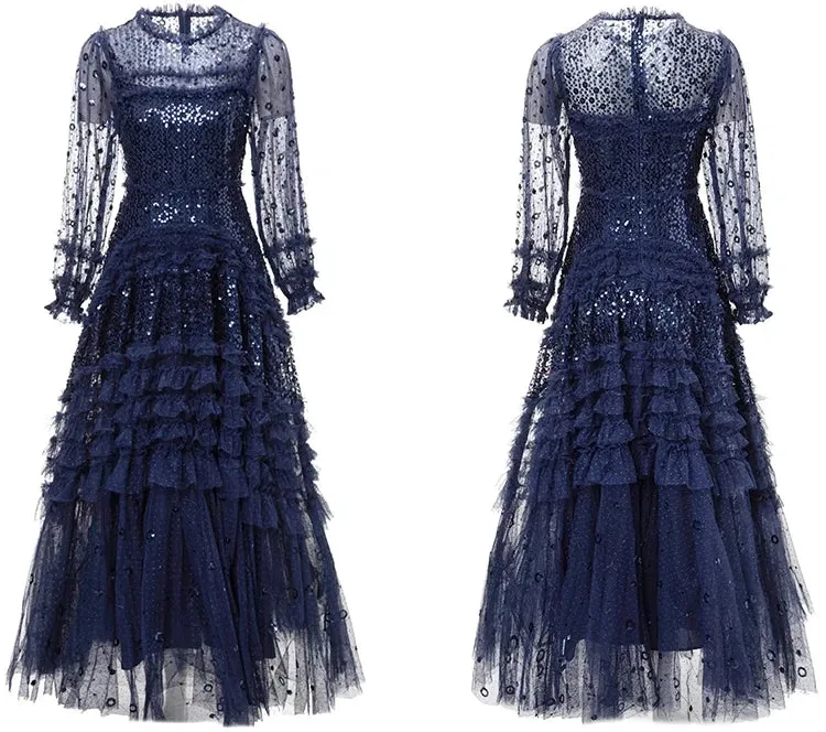 Tehila Mesh Maxi Dress Women O-Neck Lantern Sleeve Sequins Ruffle Vintage Party Ball Gown Dress