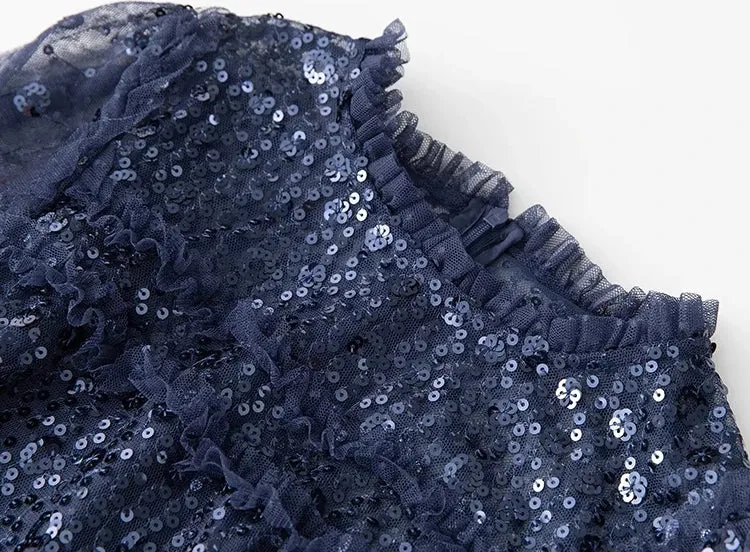 Tehila Mesh Maxi Dress Women O-Neck Lantern Sleeve Sequins Ruffle Vintage Party Ball Gown Dress