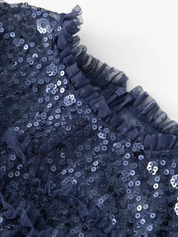 Tehila Mesh Maxi Dress Women O-Neck Lantern Sleeve Sequins Ruffle Vintage Party Ball Gown Dress