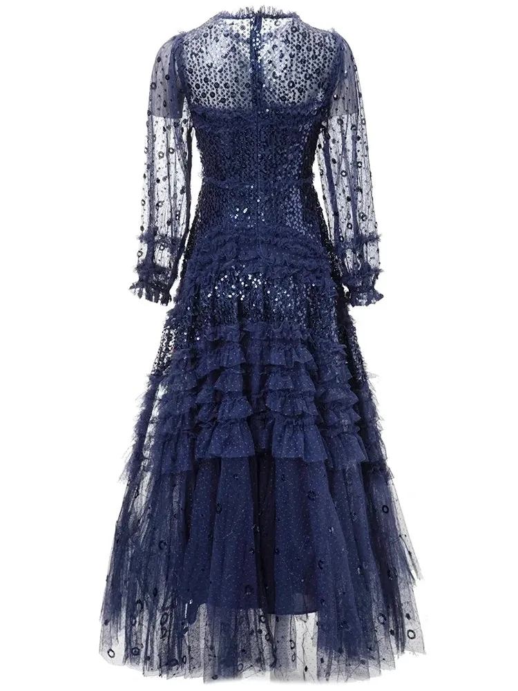Tehila Mesh Maxi Dress Women O-Neck Lantern Sleeve Sequins Ruffle Vintage Party Ball Gown Dress
