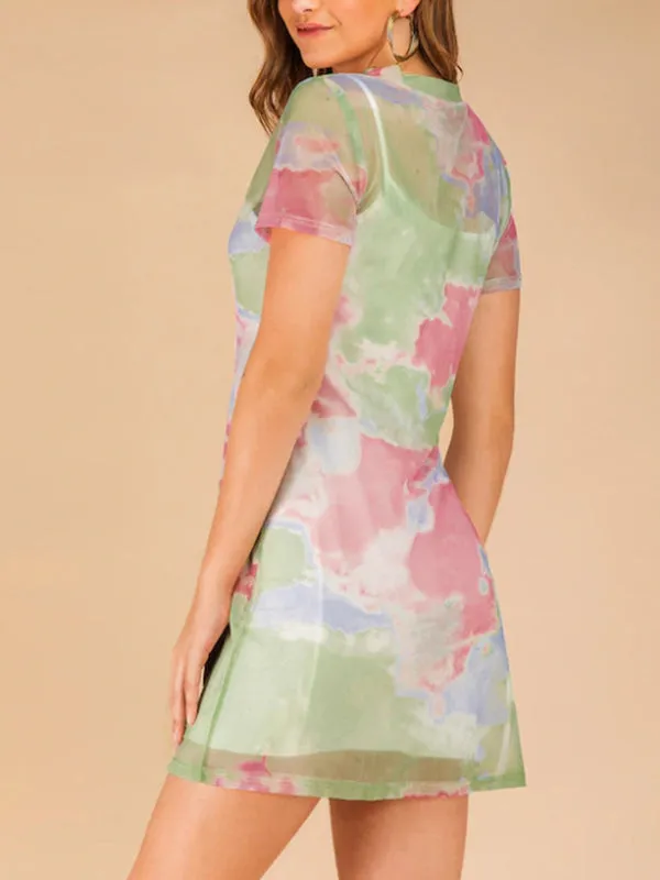 Tie-Dyed Perspective Mesh Round Neck Short-Sleeved Dress