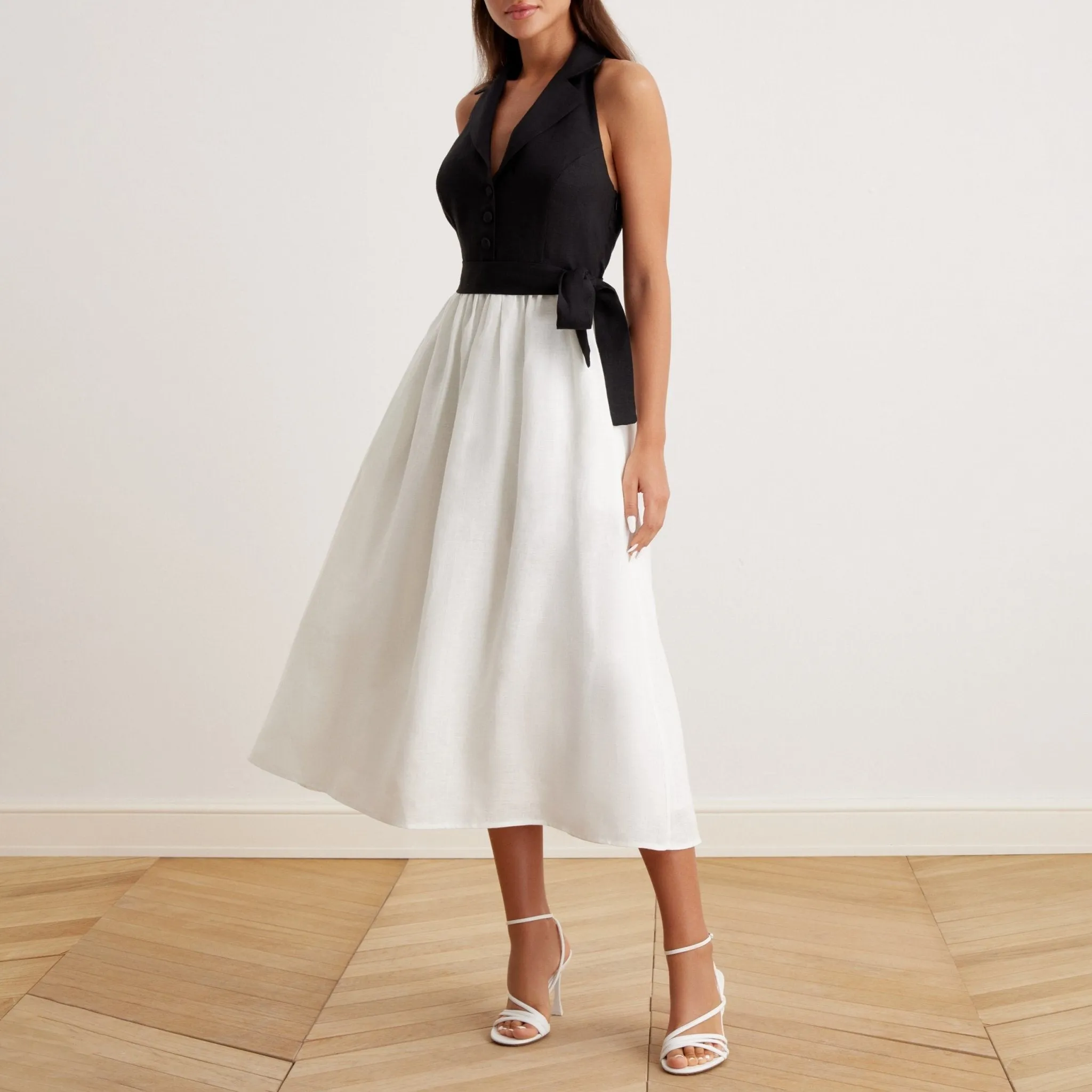 Tie Waist Halter Neck Midi Dress in Linen