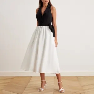 Tie Waist Halter Neck Midi Dress in Linen