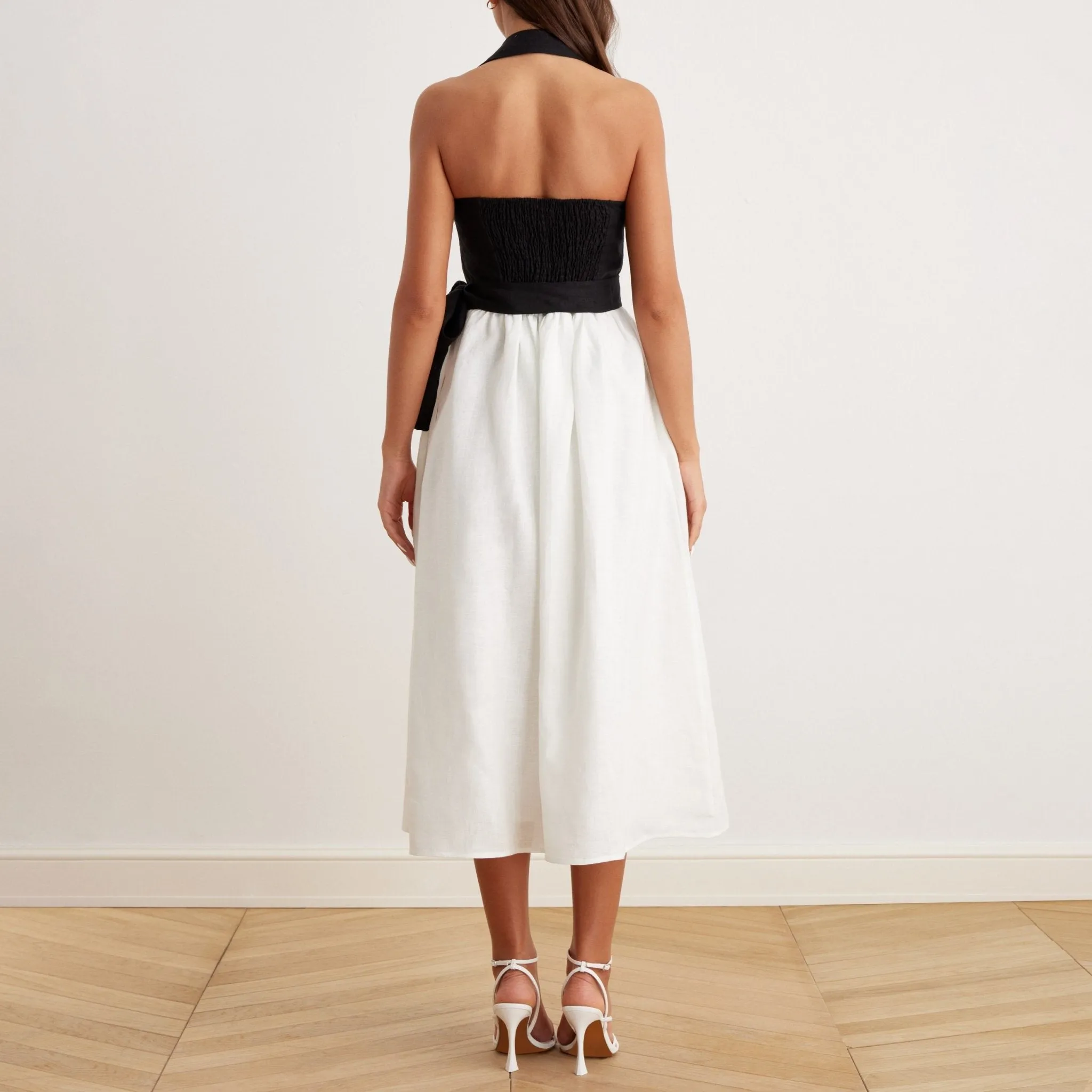 Tie Waist Halter Neck Midi Dress in Linen