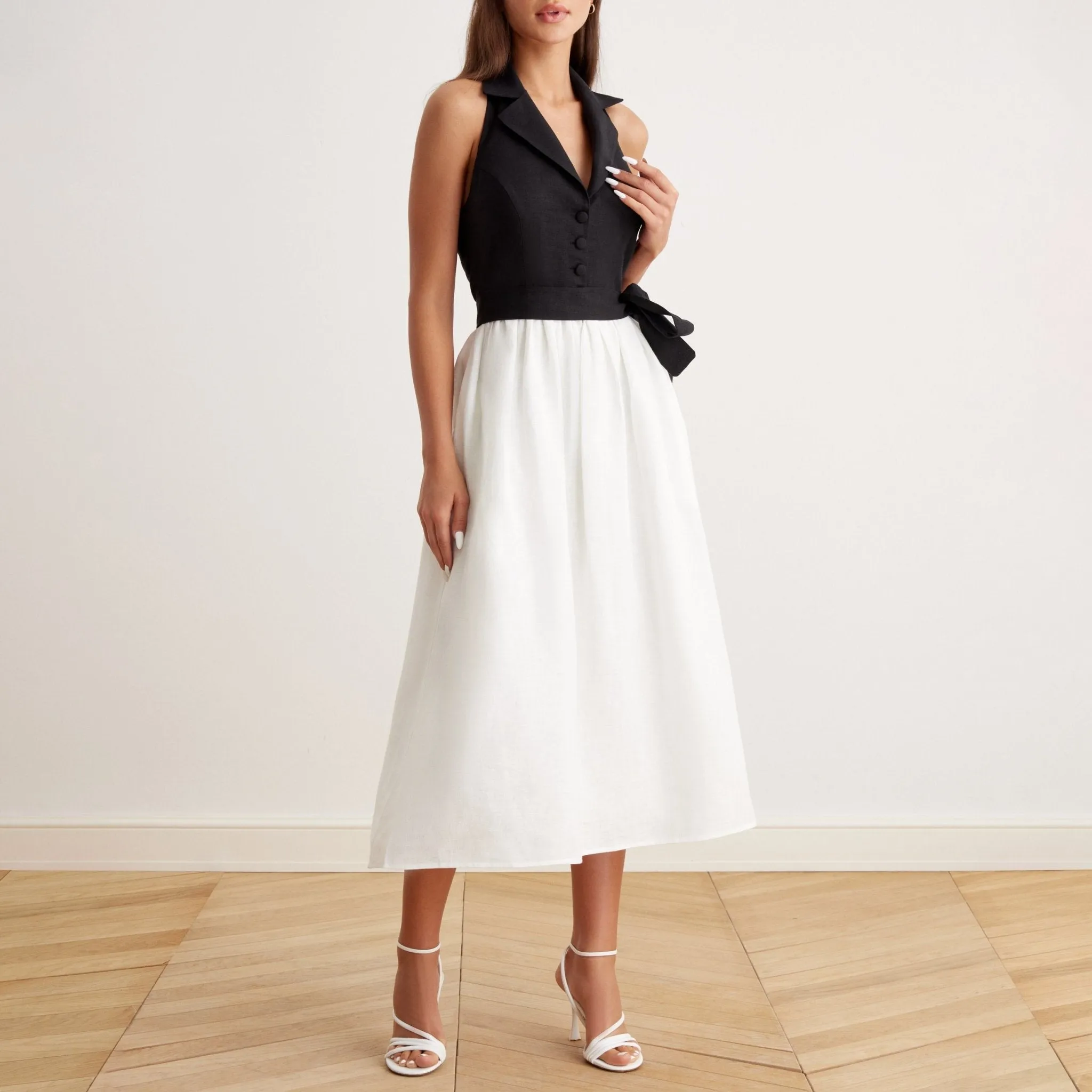 Tie Waist Halter Neck Midi Dress in Linen