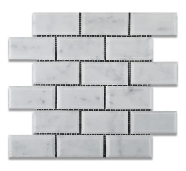 Tilefornia Italian Carrara White Marble 2" X 4" Brick Deep Beveled  Mosaic Tile Polished/Honed