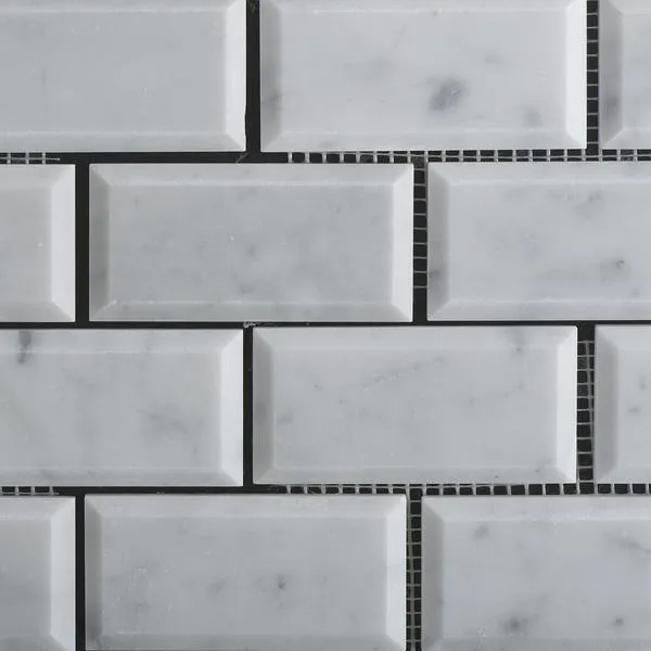 Tilefornia Italian Carrara White Marble 2" X 4" Brick Deep Beveled  Mosaic Tile Polished/Honed