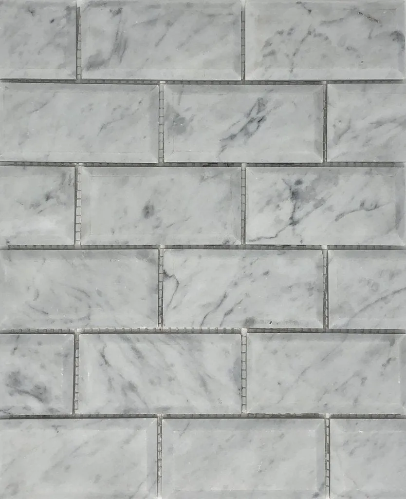 Tilefornia Italian Carrara White Marble 2" X 4" Brick Deep Beveled  Mosaic Tile Polished/Honed