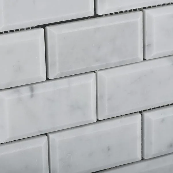 Tilefornia Italian Carrara White Marble 2" X 4" Brick Deep Beveled  Mosaic Tile Polished/Honed