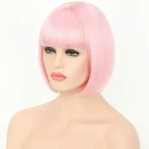 Trendy soft rose petal pink straight bob with straight bangs hand dyed synthetic 12" wig