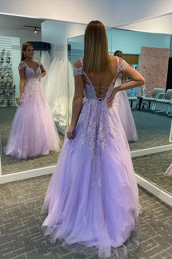 Tulle Lilac A-line Long Prom Dresses With Lace Appliques, Evening Dresses, SP834