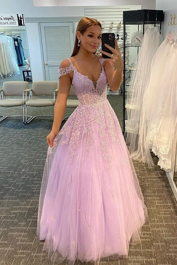 Tulle Lilac A-line Long Prom Dresses With Lace Appliques, Evening Dresses, SP834
