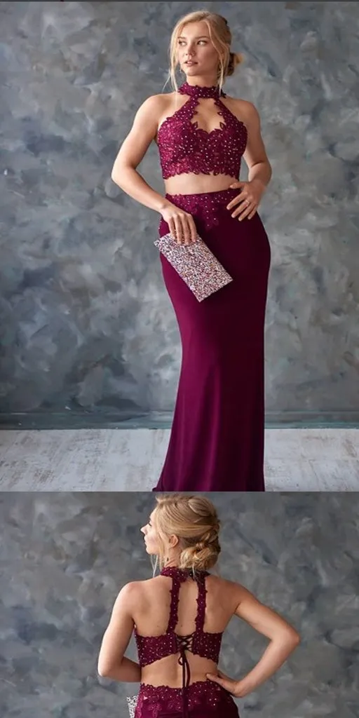 Two piece Beaded Burgundy Long Prom Dresses ,Cheap Prom Dresses,PDY0438