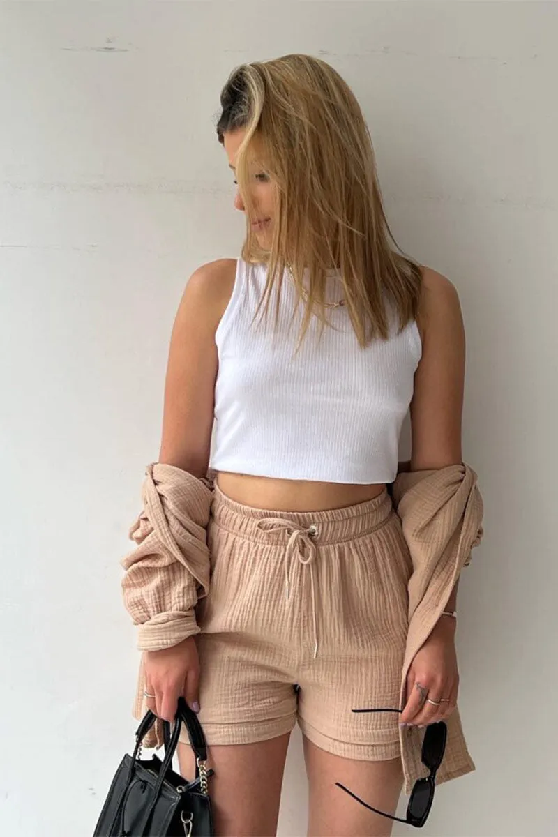 UNY4160 Ruched Long Sleeves & Shorts Set