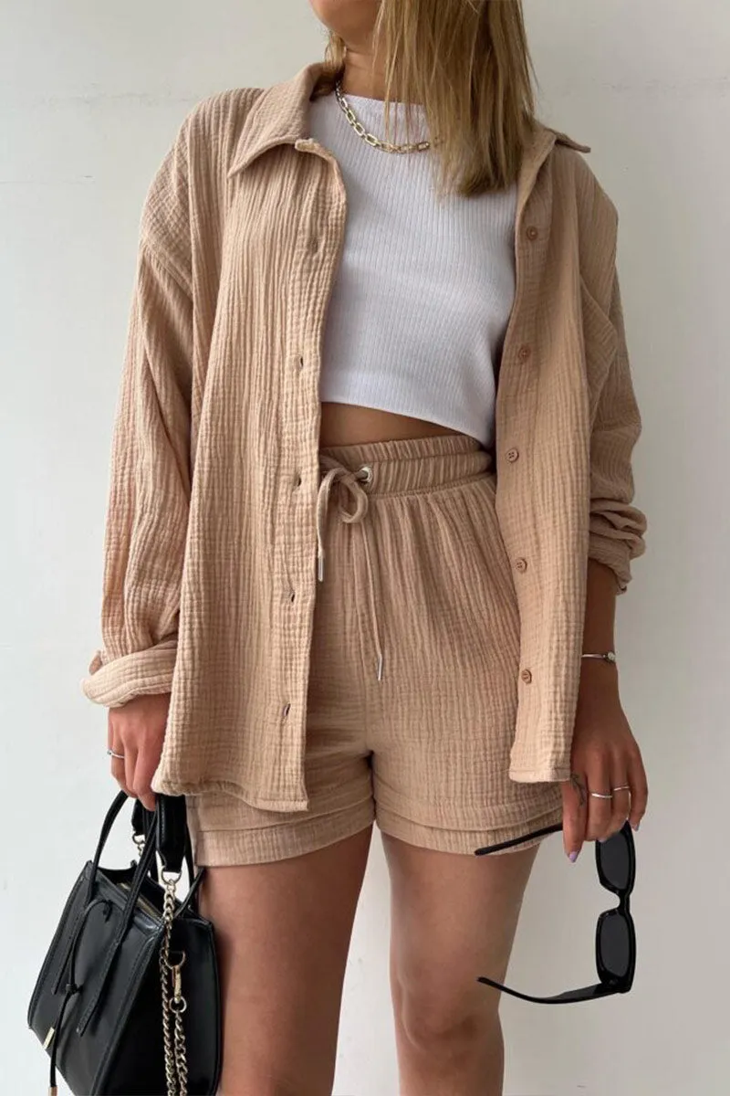 UNY4160 Ruched Long Sleeves & Shorts Set