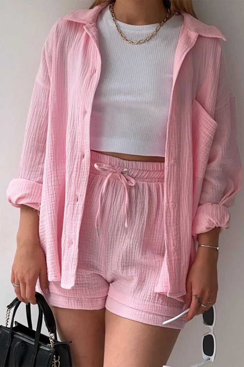 UNY4160 Ruched Long Sleeves & Shorts Set