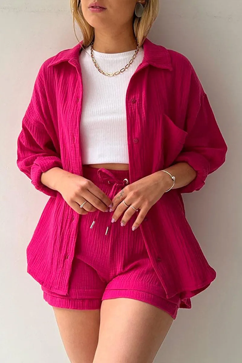 UNY4160 Ruched Long Sleeves & Shorts Set