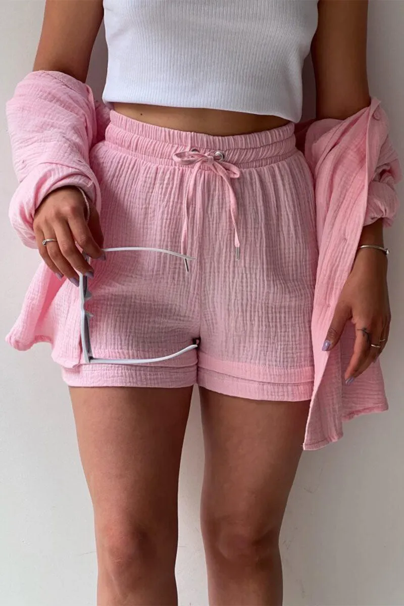 UNY4160 Ruched Long Sleeves & Shorts Set