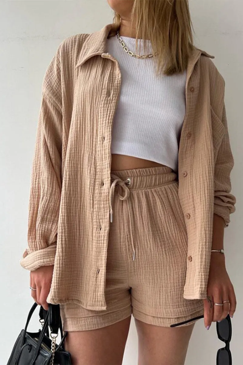UNY4160 Ruched Long Sleeves & Shorts Set