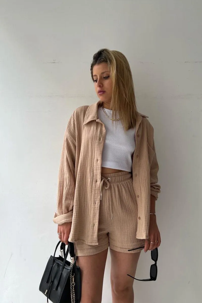 UNY4160 Ruched Long Sleeves & Shorts Set