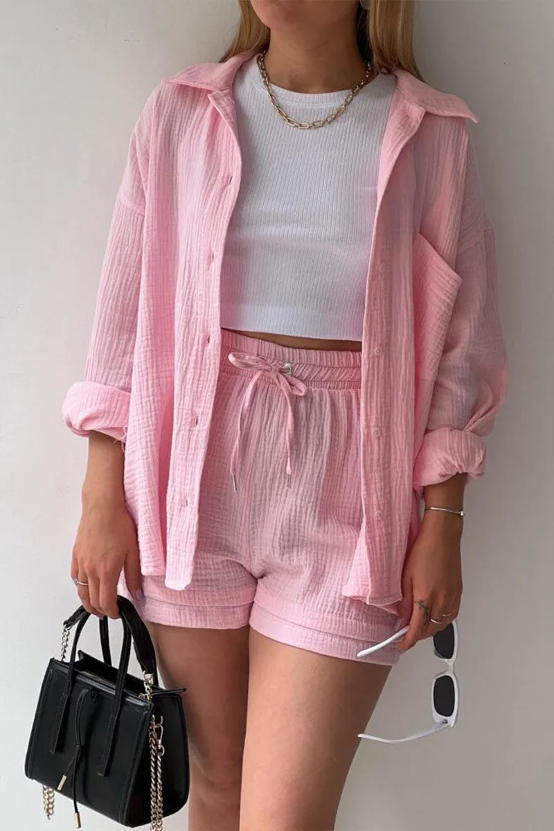 UNY4160 Ruched Long Sleeves & Shorts Set
