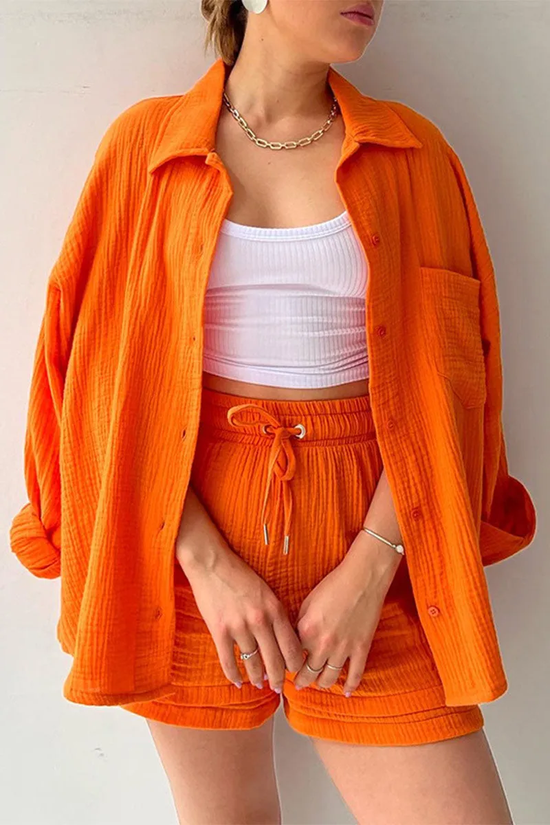 UNY4160 Ruched Long Sleeves & Shorts Set