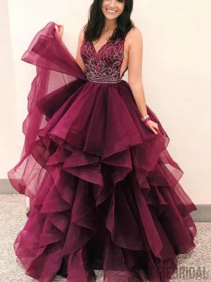 V-neck Beaded Long Prom Dresses, Popular Ball Gown, Prom Dresses, PD0755