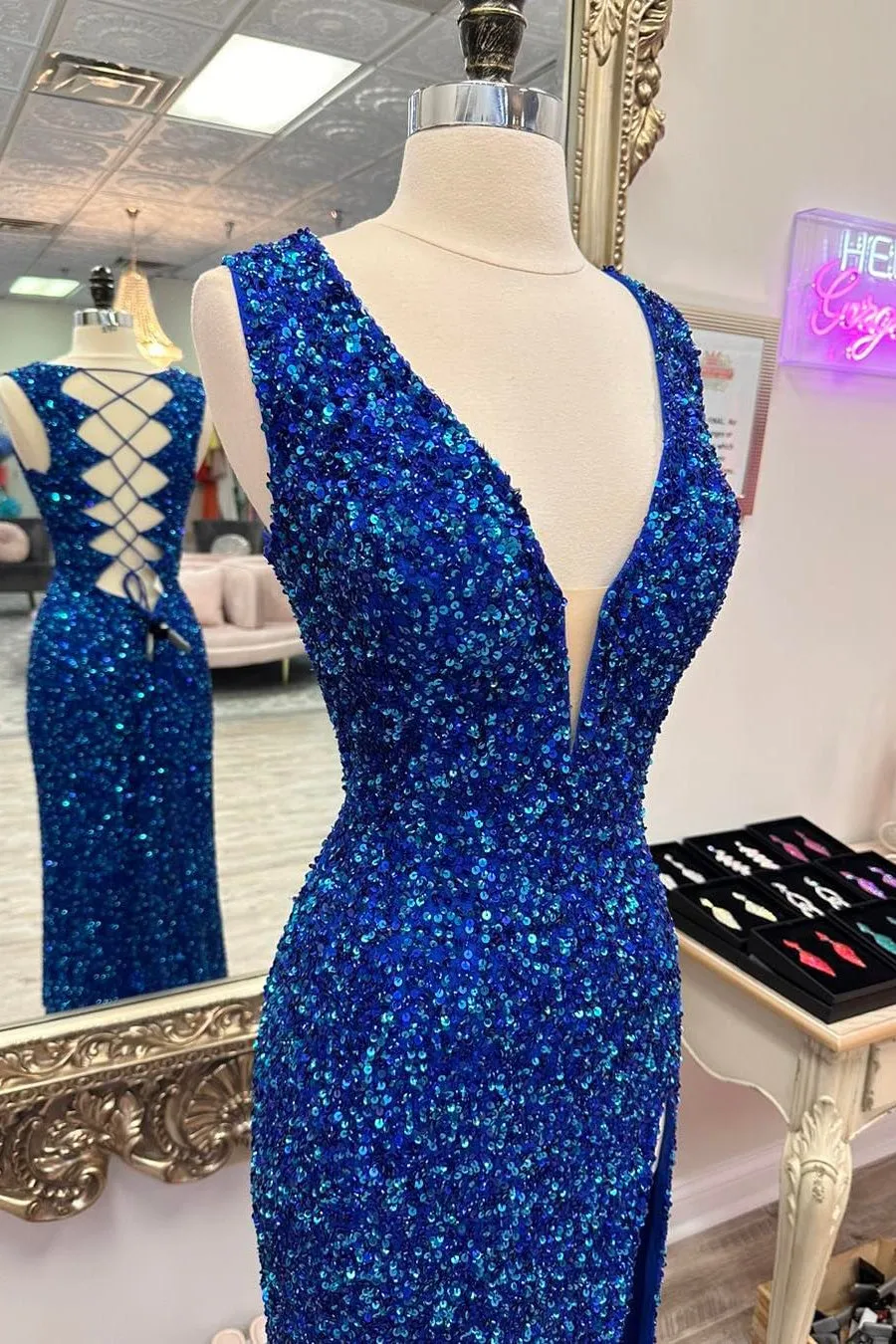 V Neck Blue Sequin Lace Up Back Long Dress