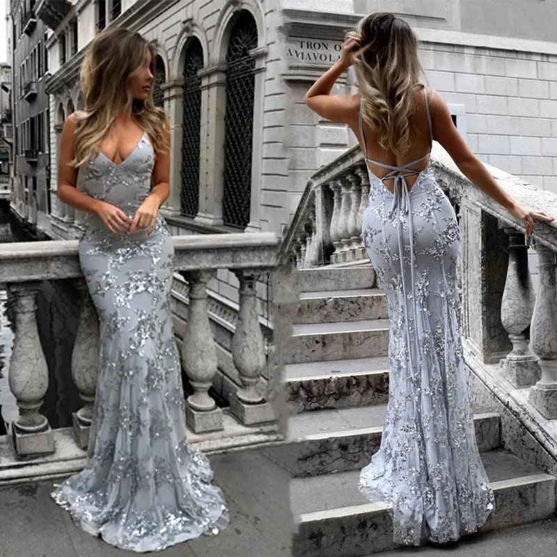 V Neck Maxi Long Sexy Sequin Dresses