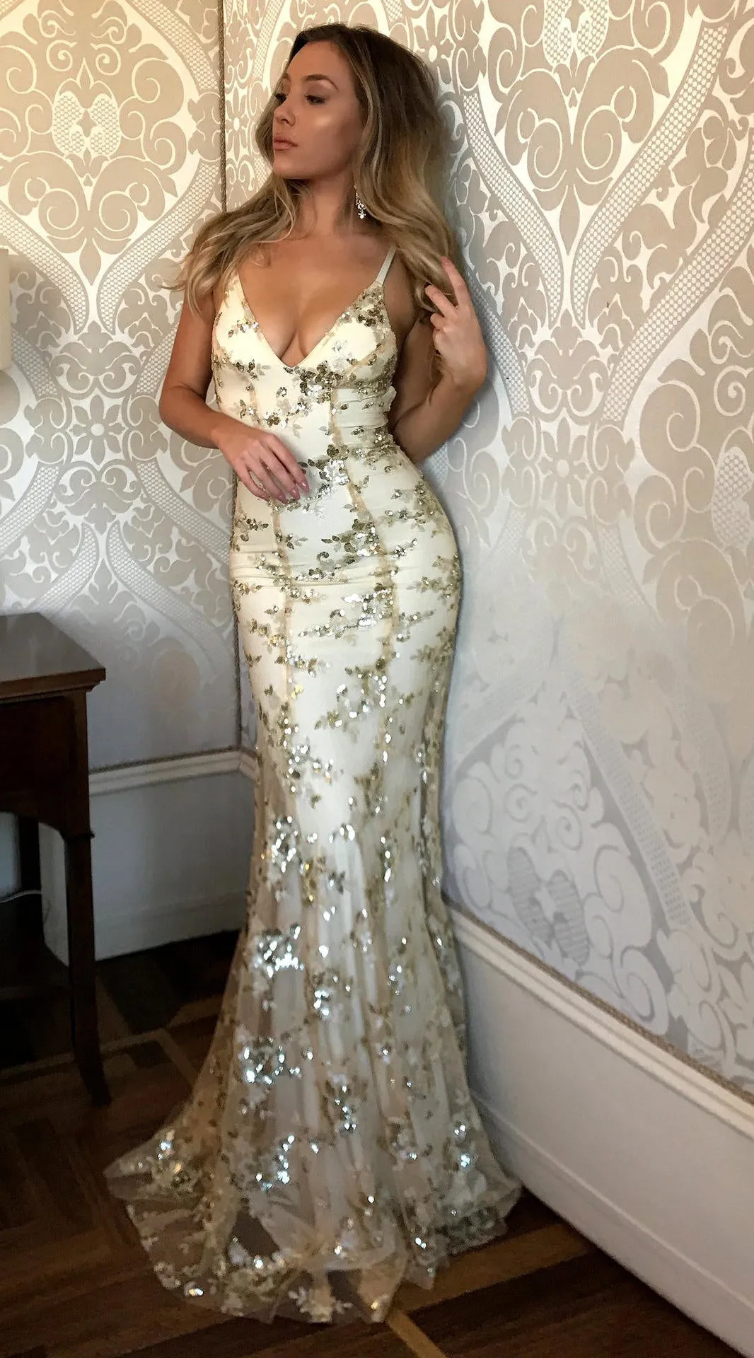 V Neck Maxi Long Sexy Sequin Dresses