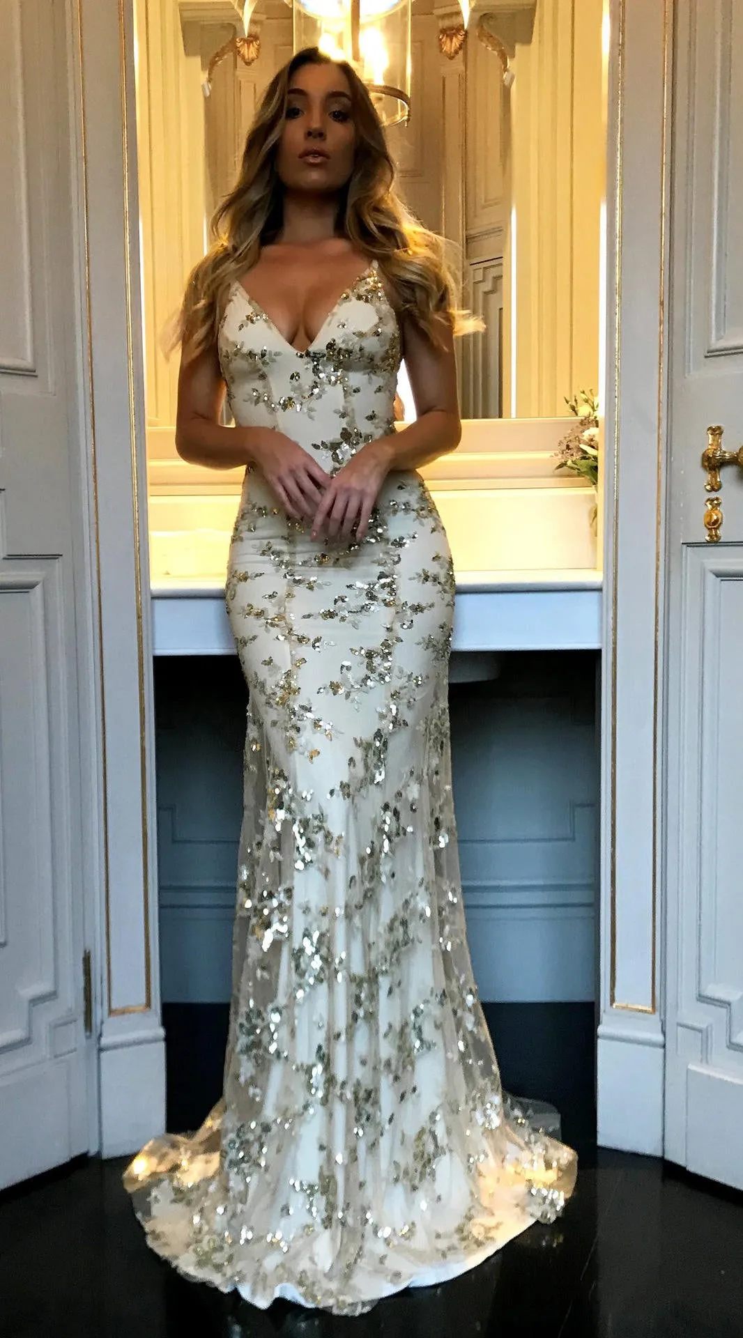 V Neck Maxi Long Sexy Sequin Dresses