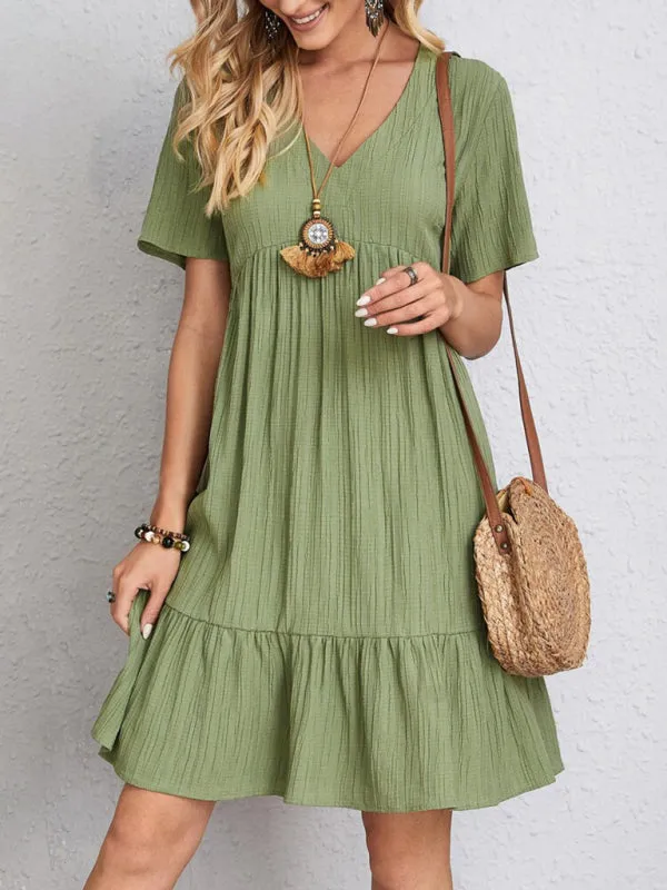 V-neck Short Sleeve Dress with Loose Hem and Wrinkle-Resistant Fabric