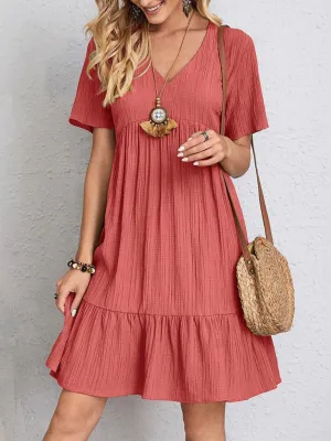 V-neck Short Sleeve Dress with Loose Hem and Wrinkle-Resistant Fabric